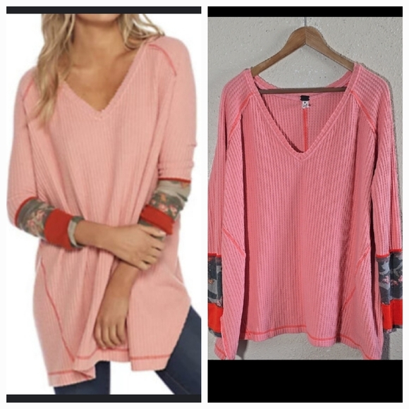 Free People Pink V-Neck Waffle Knit Top - Picture 1 of 7
